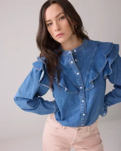Discount Denim blouse with puff sleeves Blusen