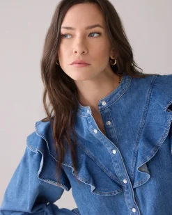 Discount Denim blouse with puff sleeves Blusen