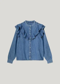 Discount Denim blouse with puff sleeves Blusen