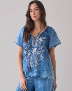 Outlet Denim top with embroidery Basics|Oberteile & T-shirts