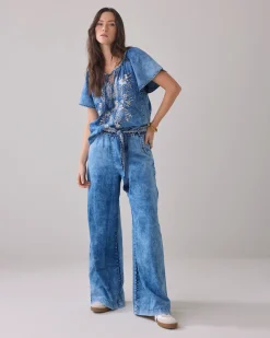 Online Wide trousers with fabric belt Basics|Jeans